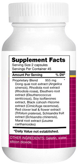 upplement Facts — proprietary blend 955 mg with dong quai, soy isoflavones, red clover, black cohosh, rhodiola, eleuthero, schisandra, leuzea — serving size 2 capsules — 45 servings.