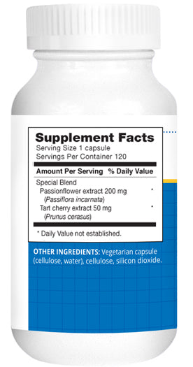 Supplement Facts — per capsule: passionflower extract 200 mg; tart cherry extract 50 mg — vegetarian capsule — 120 servings.