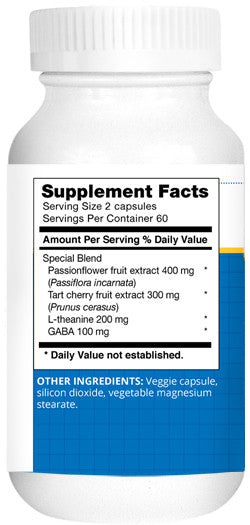Supplement Facts — per serving (2 caps): passionflower 400 mg; tart cherry 300 mg; L‑theanine 200 mg; GABA 100 mg; 60 servings.