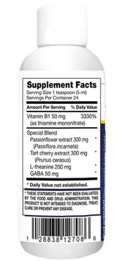Supplement Facts — per 1 tsp: B1 50 mg; passionflower 300 mg; tart cherry 300 mg; L‑theanine 200 mg; GABA 50 mg — 24 servings.