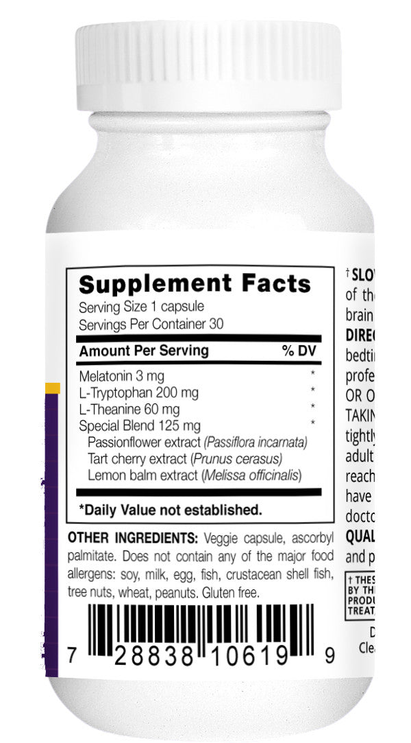 Supplement Facts — per capsule: melatonin 3 mg; L‑tryptophan 200 mg; L‑theanine 60 mg; blend 125 mg (passionflower, tart cherry, lemon balm); vegetarian capsule; gluten‑free.