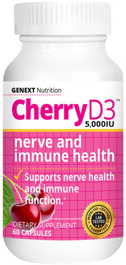 Supplement Facts — Vitamin D₃ 5,000 IU; tart cherry extract 250 mg; 60 capsules; gelatin capsule.