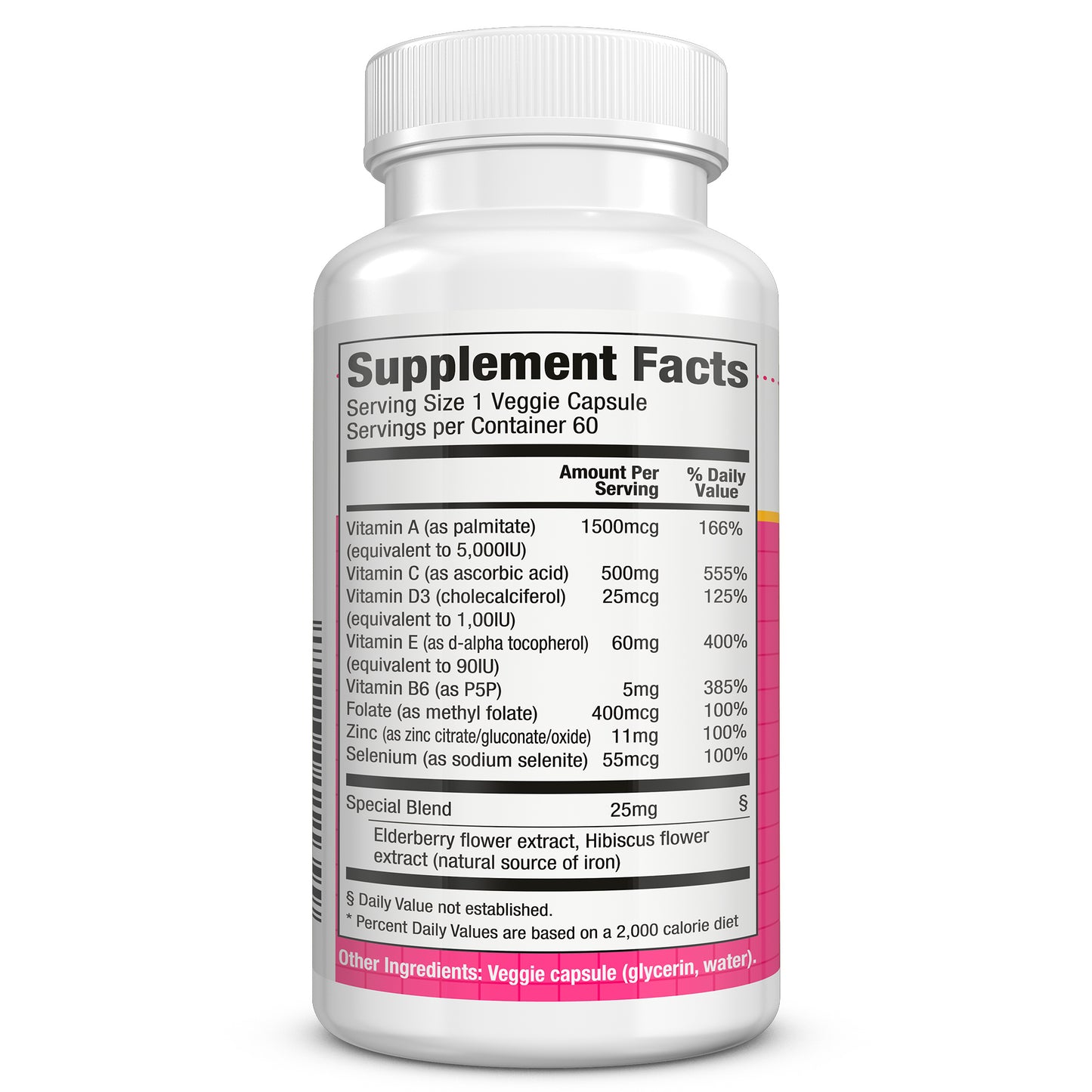 Supplement Facts — per capsule: vitamin C 500 mg; vitamin D3 25 mcg (1,000 IU); vitamin A 1,500 mcg RAE; vitamin E 60 mg; B6 10 mg; folate 400 mcg; zinc 11 mg; selenium 55 mcg; botanical blend 25 mg — 60 servings.