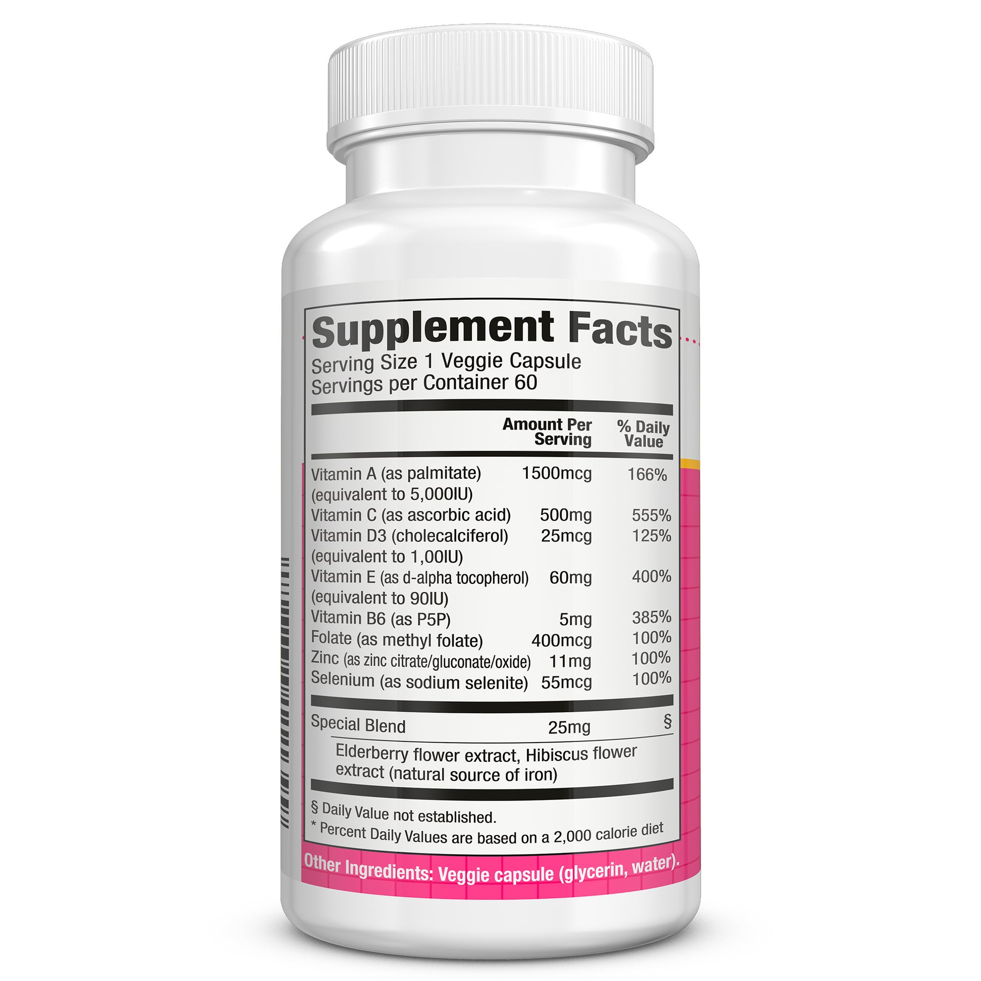 Supplement Facts — per capsule: vitamin C 500 mg; vitamin D3 25 mcg (1,000 IU); vitamin A 1,500 mcg RAE; vitamin E 60 mg; B6 10 mg; folate 400 mcg; zinc 11 mg; selenium 55 mcg; botanical blend 25 mg — 60 servings.
