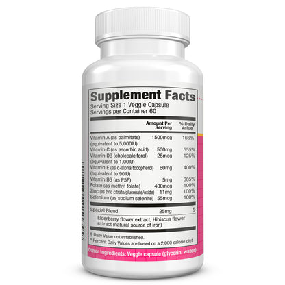 Supplement Facts — per capsule: vitamin C 500 mg; vitamin D3 25 mcg (1,000 IU); vitamin A 1,500 mcg RAE; vitamin E 60 mg; B6 10 mg; folate 400 mcg; zinc 11 mg; selenium 55 mcg; botanical blend 25 mg — 60 servings.