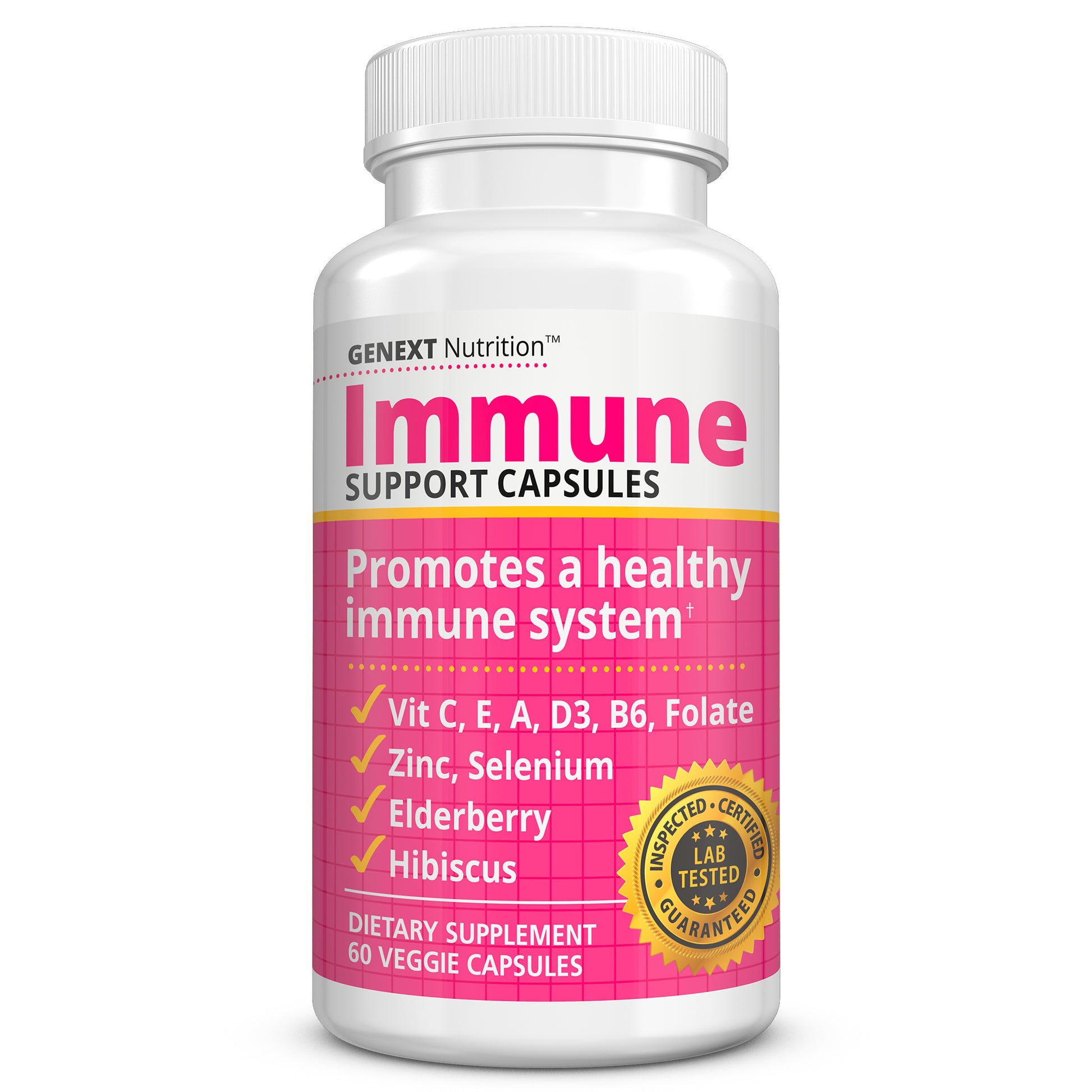 Immune Support Capsules — promotes a healthy immune system — vitamin C, D3, A, E, B6, folate; zinc, selenium; elderberry; hibiscus — 60 veggie capsules.
