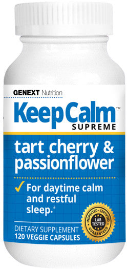Keep Calm Supreme — tart cherry & passionflower — for daytime calm and restful sleep — 120 vegetarian capsules.