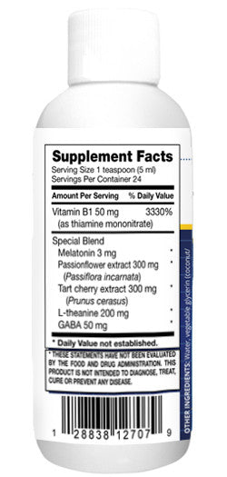 Supplement Facts — per 1 tsp (5 mL): Vitamin B1 50 mg; Melatonin 3 mg; Passionflower extract 300 mg; Tart cherry extract 300 mg; L‑theanine 200 mg; GABA 50 mg — 24 servings.
