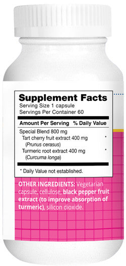 Supplement Facts — special blend 800 mg per capsule: tart cherry 400 mg; turmeric 400 mg; 60 servings; black pepper fruit extract listed under other ingredients.