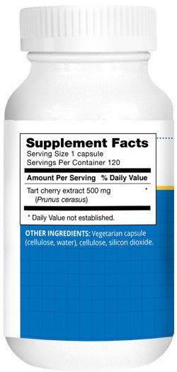 Supplement Facts — tart cherry extract 500 mg per capsule — 120 servings — vegetarian capsule.