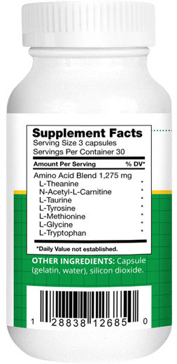 Supplement Facts — serving size 3 capsules; amino acid blend 1,275 mg (L‑theanine, N‑acetyl‑L‑carnitine, taurine, tyrosine, methionine, glycine, tryptophan); 30 servings; gelatin capsule.