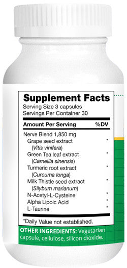 Supplement Facts — serving size 3 capsules; Nerve Blend 1,850 mg (grape seed, green tea, turmeric, milk thistle, NAC, alpha‑lipoic acid, L‑taurine) — 30 servings — vegetarian capsule.