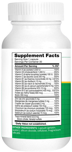 Supplement Facts — 1 capsule daily; complete vitamin/mineral profile incl. B‑complex; with choline and inositol; 30 servings; gelatin capsule.