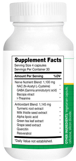 Supplement Facts — serving size 4 capsules; Nerve Nutrient Blend 1,100 mg (NAC, GABA, bacopa, L‑theanine); Antioxidant Blend 1,145 mg (turmeric, milk thistle, ALA, green tea, grape seed, quercetin, resveratrol).