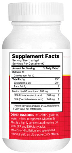 Supplement Facts — per softgel: marine lipid concentrate 1,200 mg; EPA 360 mg; DHA 240 mg; gelatin softgel; mixed tocopherols; 90 servings.