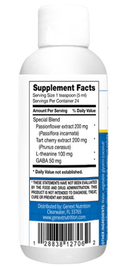 Supplement Facts — per 1 tsp: passionflower 200 mg; tart cherry 200 mg; L‑theanine 100 mg; GABA 50 mg — 24 servings.