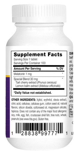 Supplement Facts — per tablet: melatonin 1 mg; special blend 30 mg (lemon balm, tart cherry); 100 servings.